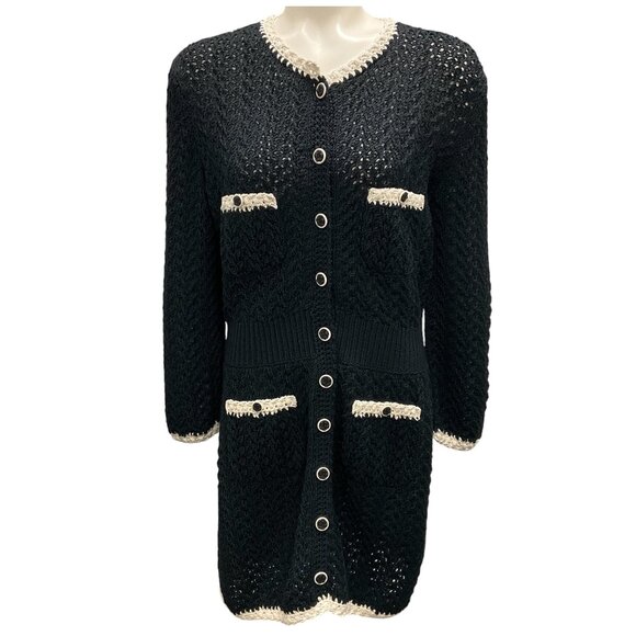 Chanel Black / White 2022 Open Knit Cardigan Sweater Dress
